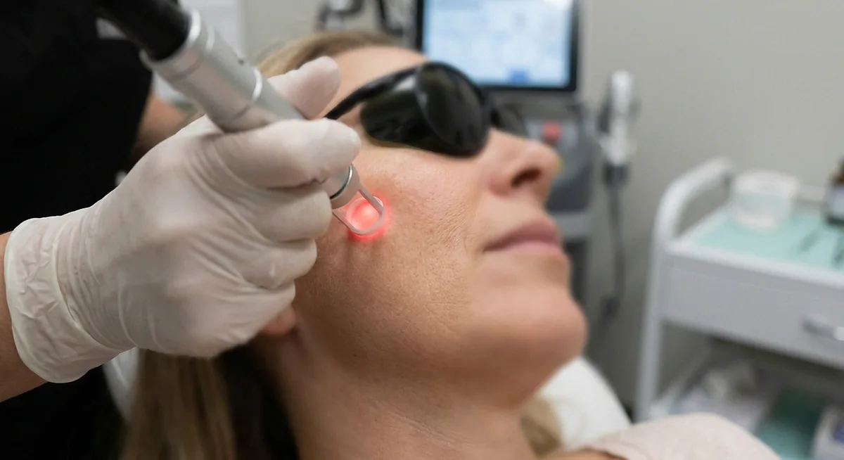 Aplicação de laser facial próximo à bochecha, com paciente usando óculos de proteção