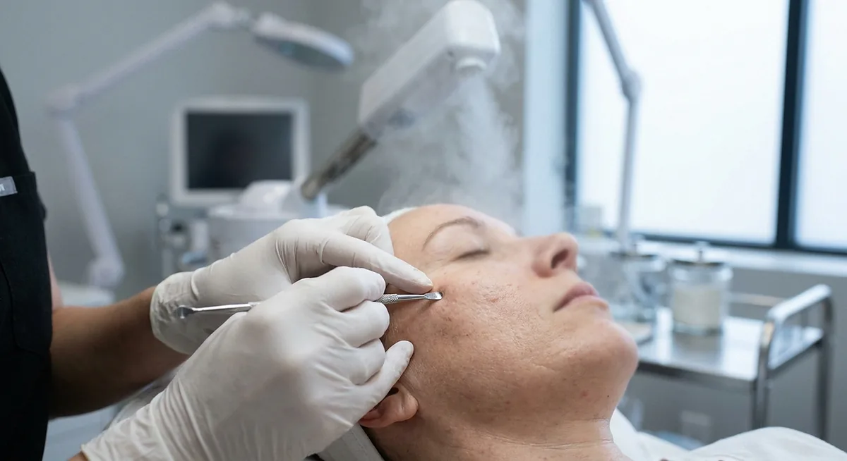 Profissional realizando extração facial com espátula durante limpeza de pele