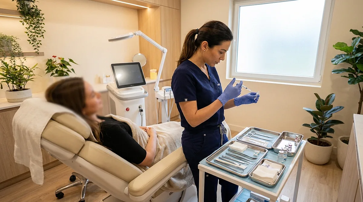 Profissional preparando aplicação em sala de tratamento equipada com aparelho de tecnologia estética
